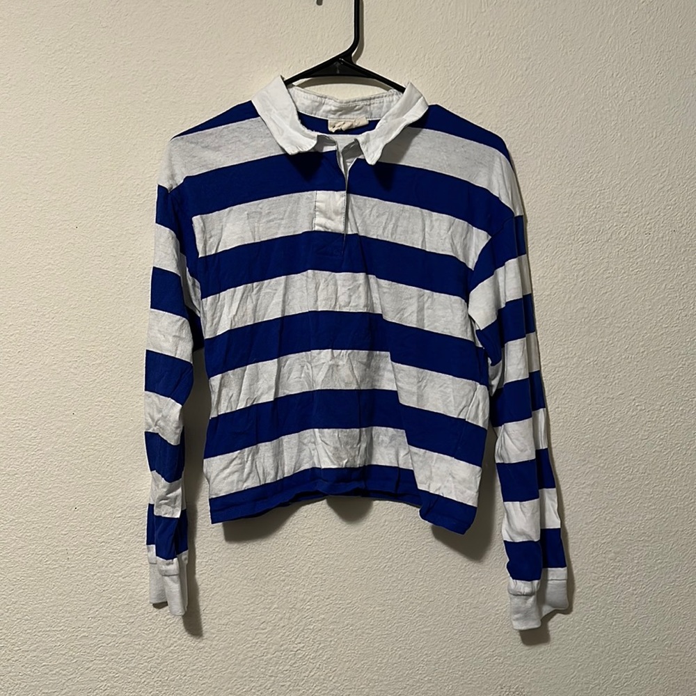 Harlow Grey Blue and White Striped Collared Crop Top (size medium)